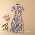 Short-Sleeved Printed Pleated Thin Medium-length Dress